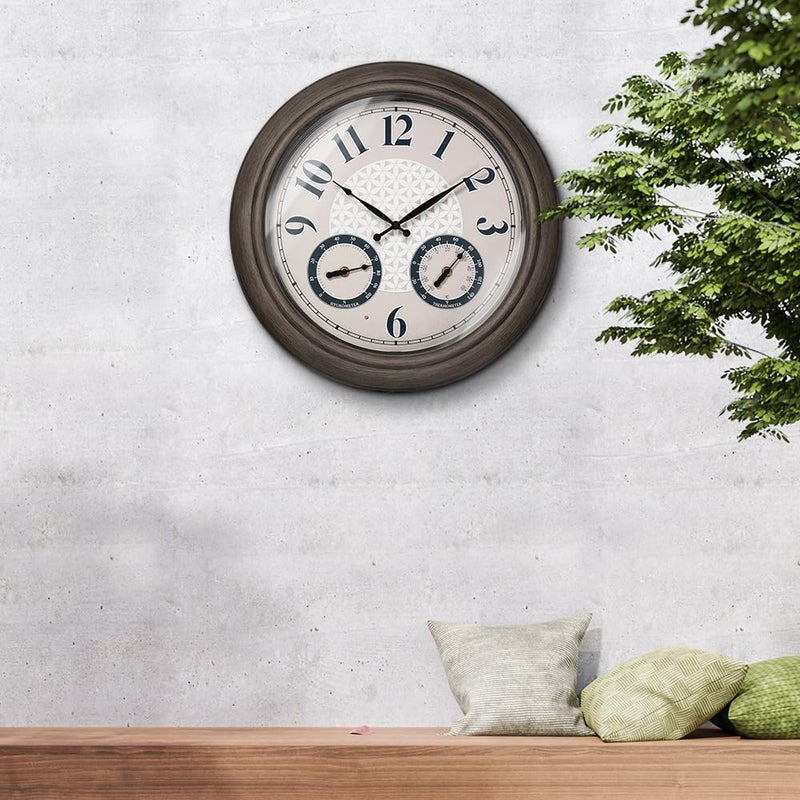 Presentime & Co. 18 Inch Illuminated Outdoor Clock, Waterproof Lighted Large Wall Clock with Thermometer & Hygrometer, Elegant & Vintage Home Decor for Garden, Patio, Pool, Grey Oak Finish - Image 2